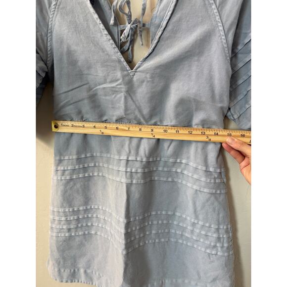 7 For All Mankind Sz S Denim Chambray Tie-Back‎ Babydoll Mini Puff Sleeve Dress - Picture 9 of 11
